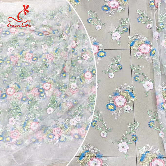 Tela floral colorida do bordado com laço suíço de Volie da malha das lantejoulas