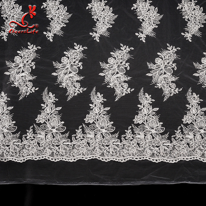 tela bordada nupcial do laço do tule do casamento floral do estiramento 3D pela jarda