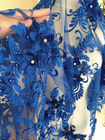 3D Rhinestone Beaded Tulle Fabric , Embroidered Royal Blue Lace Fabric For Bridal Gown