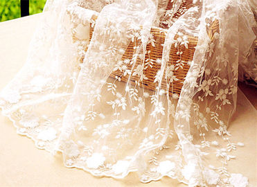 White Flower Embroidered Nylon Mesh Lace Fabric , Wedding Bridal Dress Lace Fabric