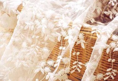 White Flower Embroidered Nylon Mesh Lace Fabric , Wedding Bridal Dress Lace Fabric